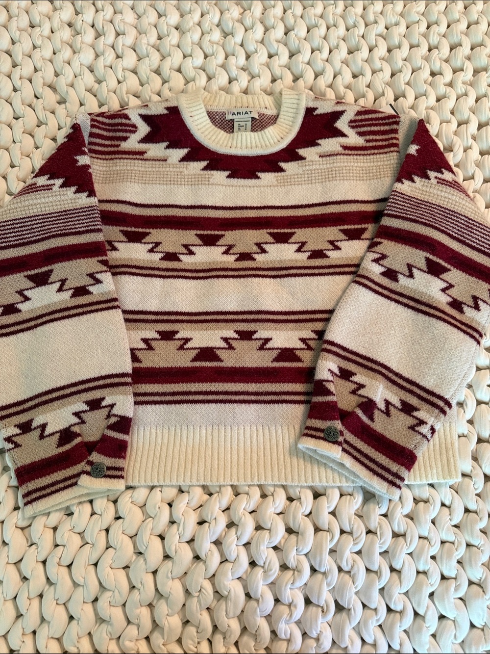 Ariat Cream and Burgundy Aztec-Pattern Crewneck Sweater
